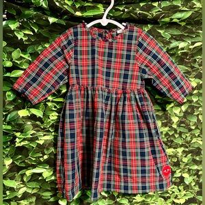 Smiling Button Dress Red Blue Plaid Pockets Cotton Girls Toddler 2T